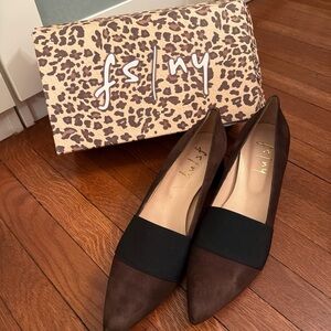Suede Brown Pointed Toe pumps with Black Elastic Strap